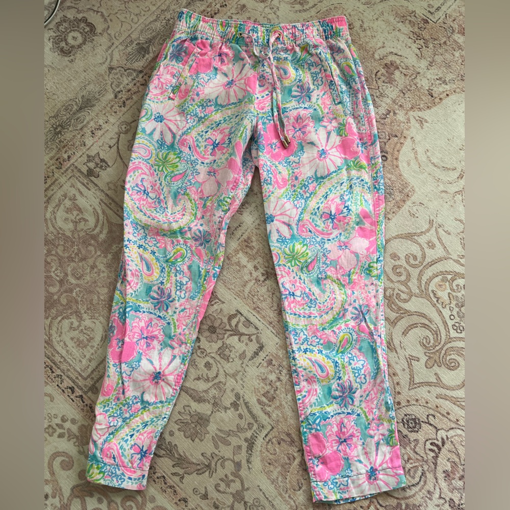 Lilly Pulitzer Pink and Blue Linen Patterned Pants
